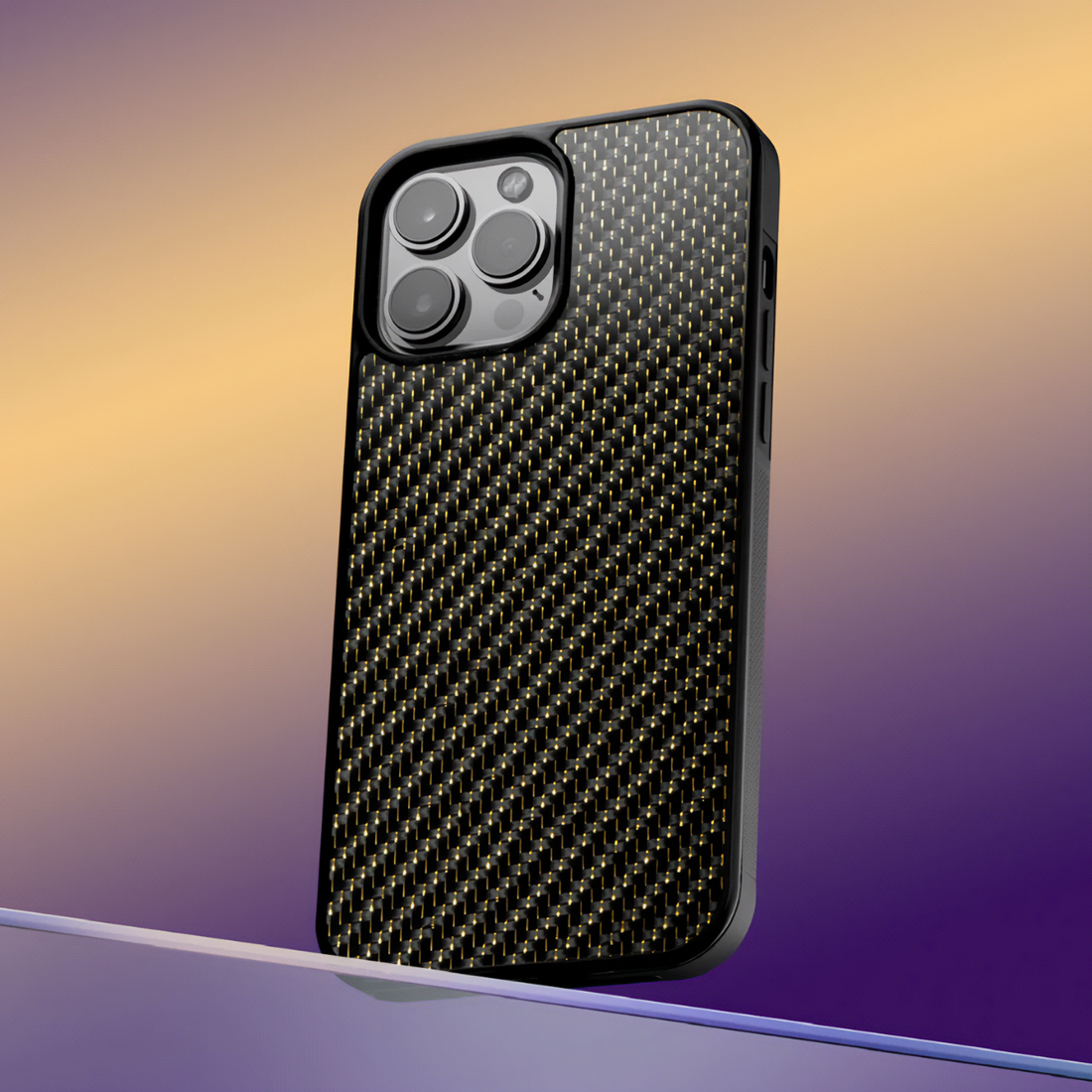 Gold carbon fiber case on iPhone, glowing yellow background shot