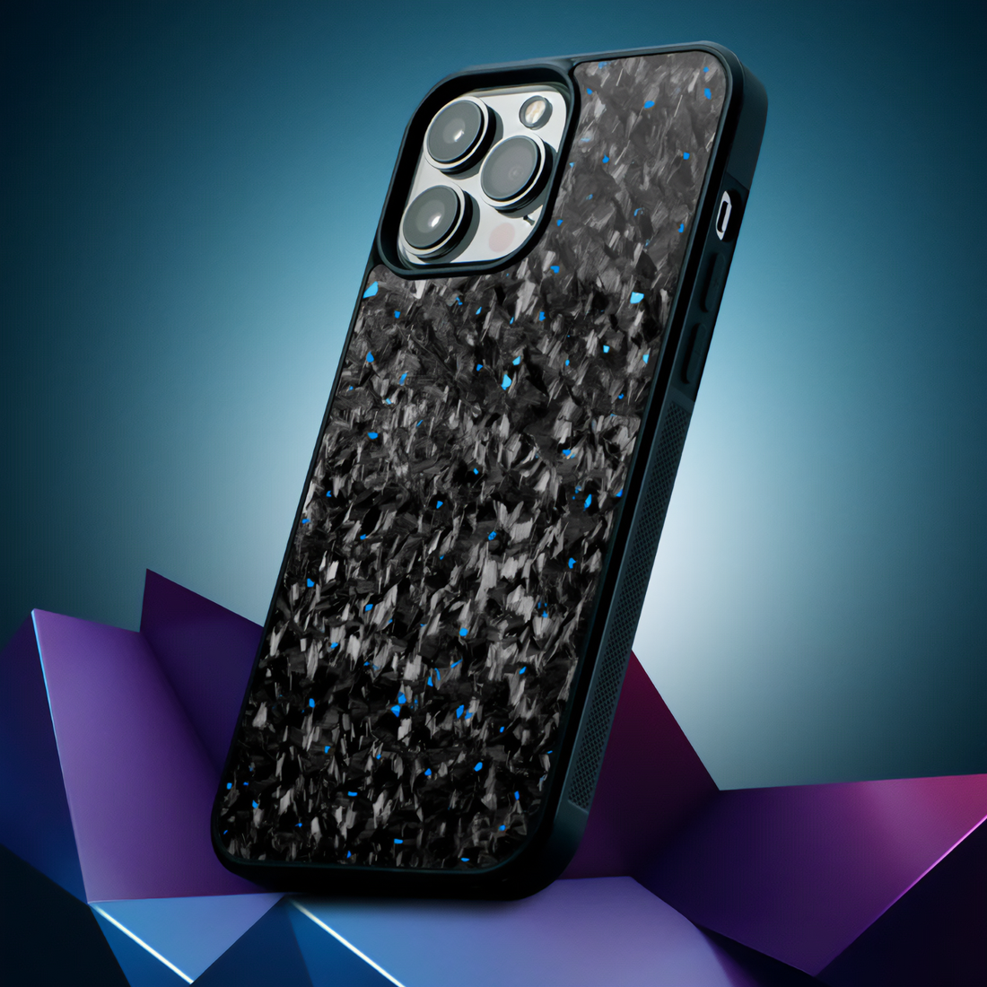 Blue forged iPhone case displayed on 3D purple paper background