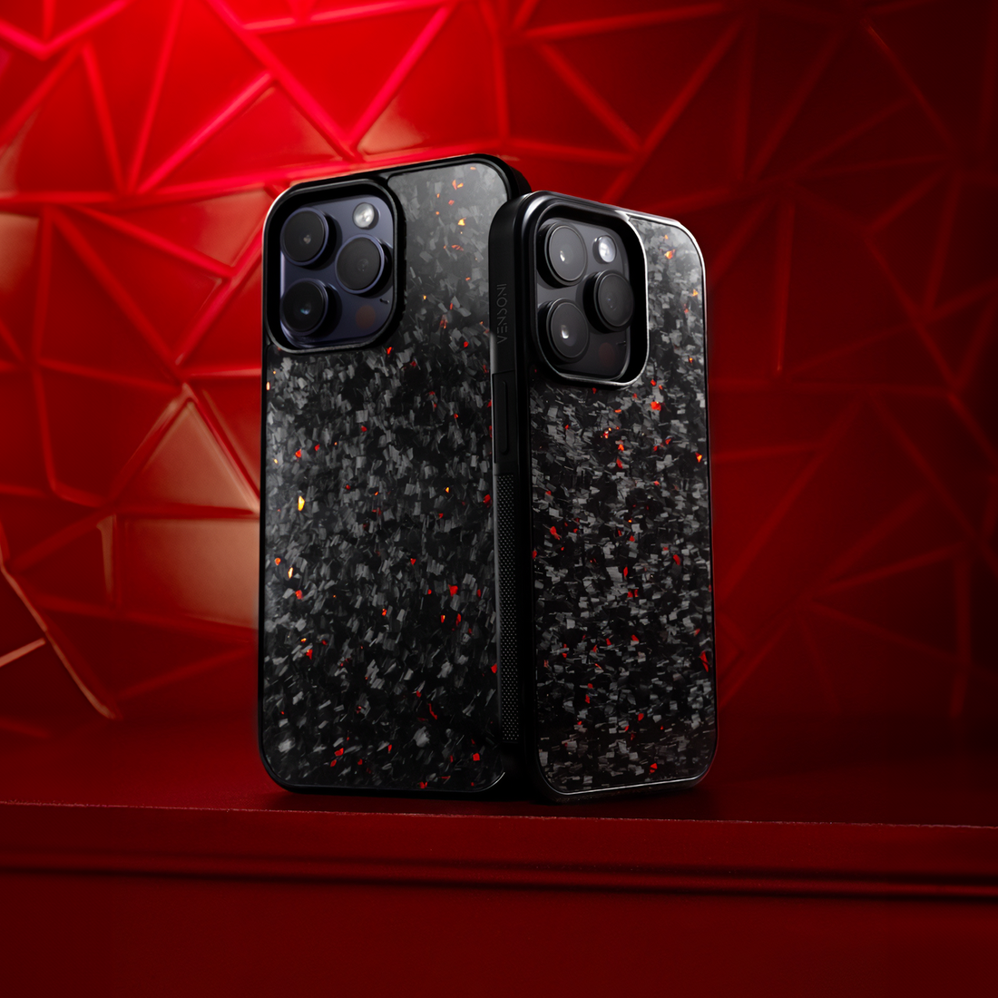 Forged red carbon fiber iPhone case floating with dual design shot, red backdrop