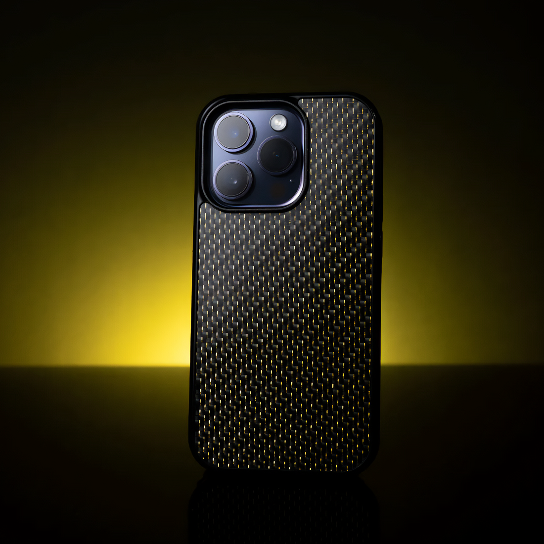 Golden iPhone case on purple gradient surface, floating effect