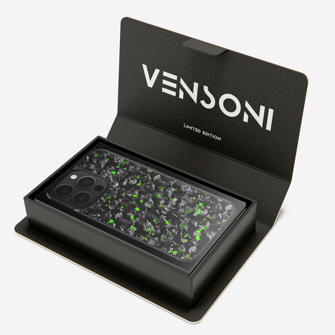 Forged green carbon fiber case inside Vensoni packaging, premium box view
