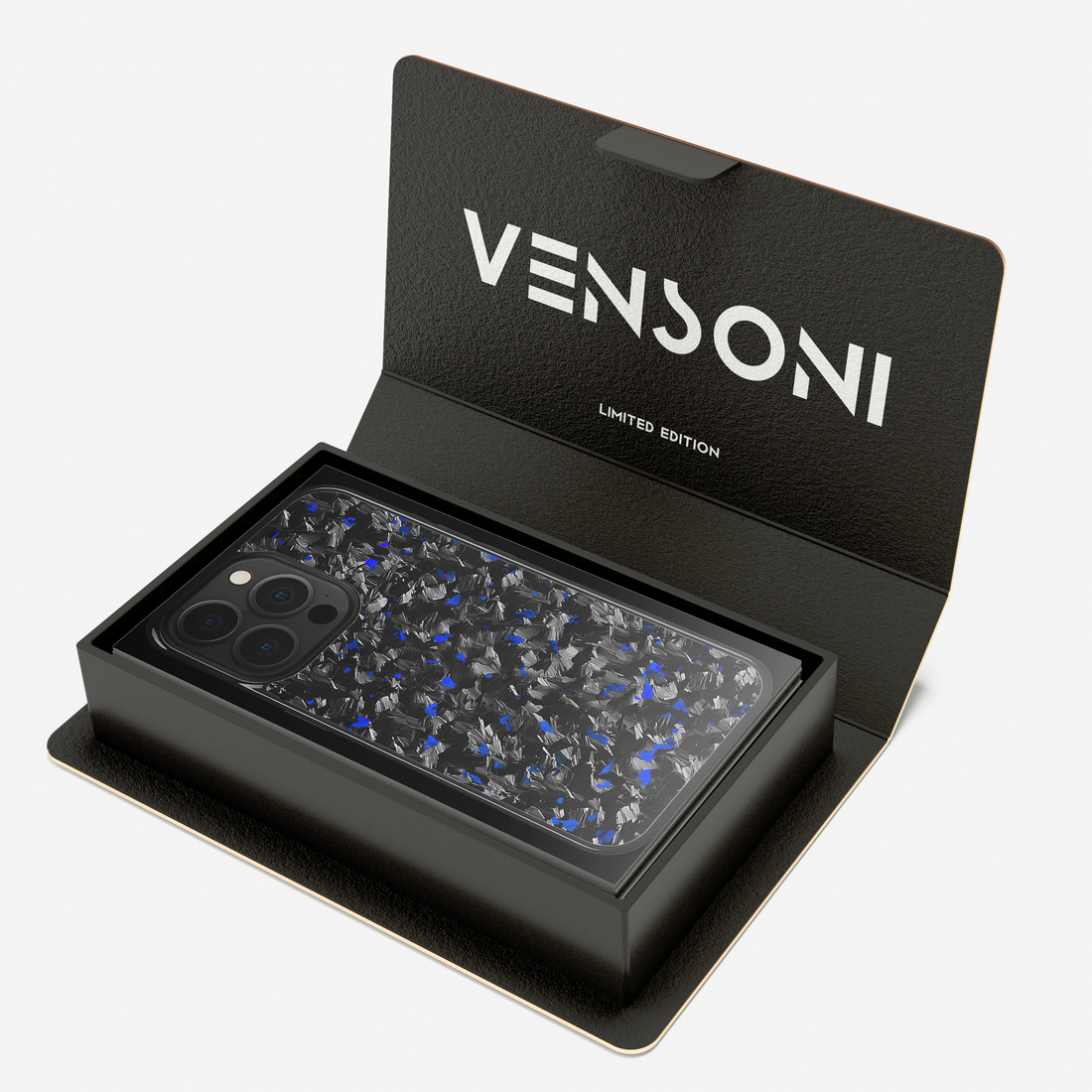 Vensoni box with blue forged carbon iPhone case, premium packaging