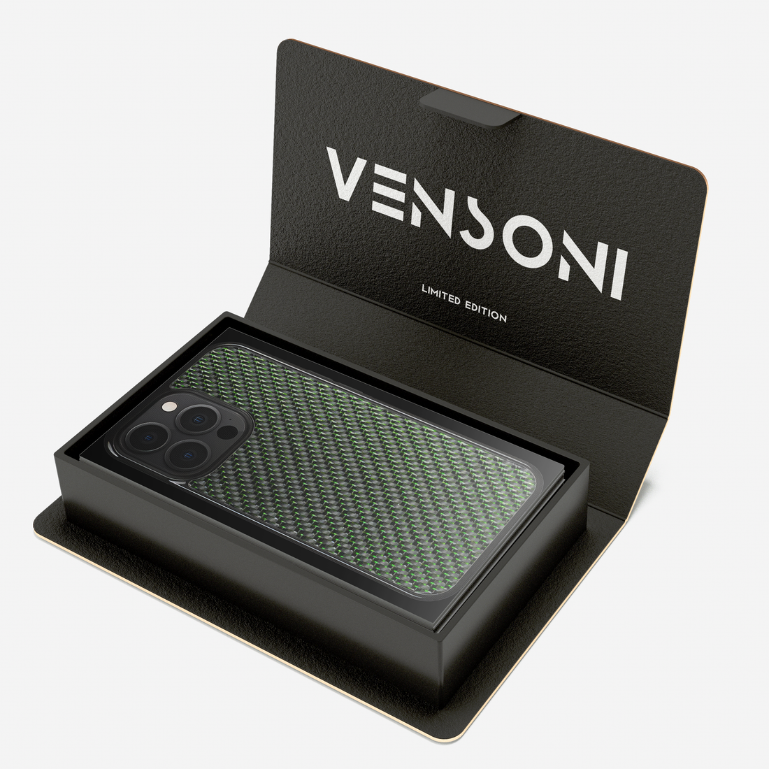Vensoni branded box with green carbon fiber iPhone case inside