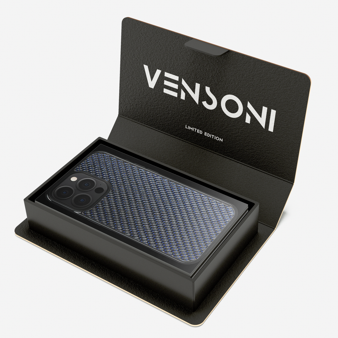 Blue iPhone case in Vensoni packaging , premium presentation