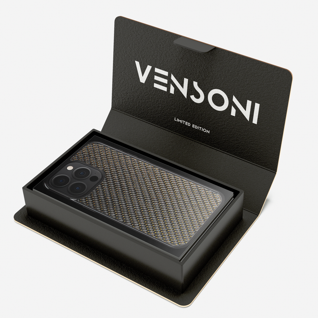 Premium Vensoni packaging, showcasing gold carbon fiber iPhone case
