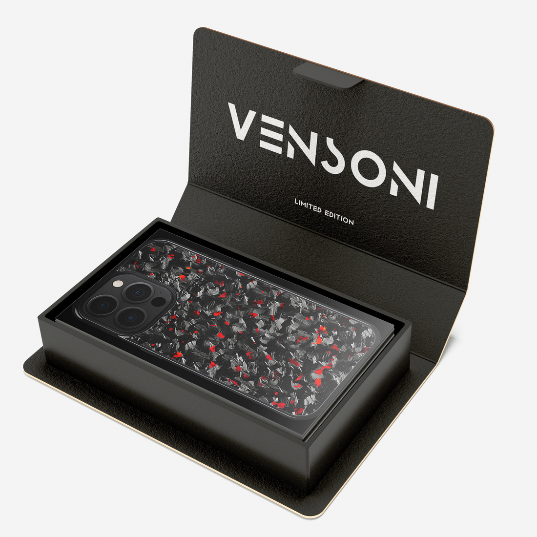 Forged carbon case in Vensoni box, red accent texture visible