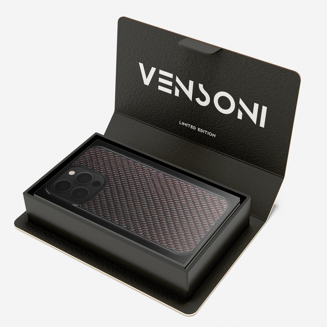 Red carbon fiber case inside premium Vensoni packaging box